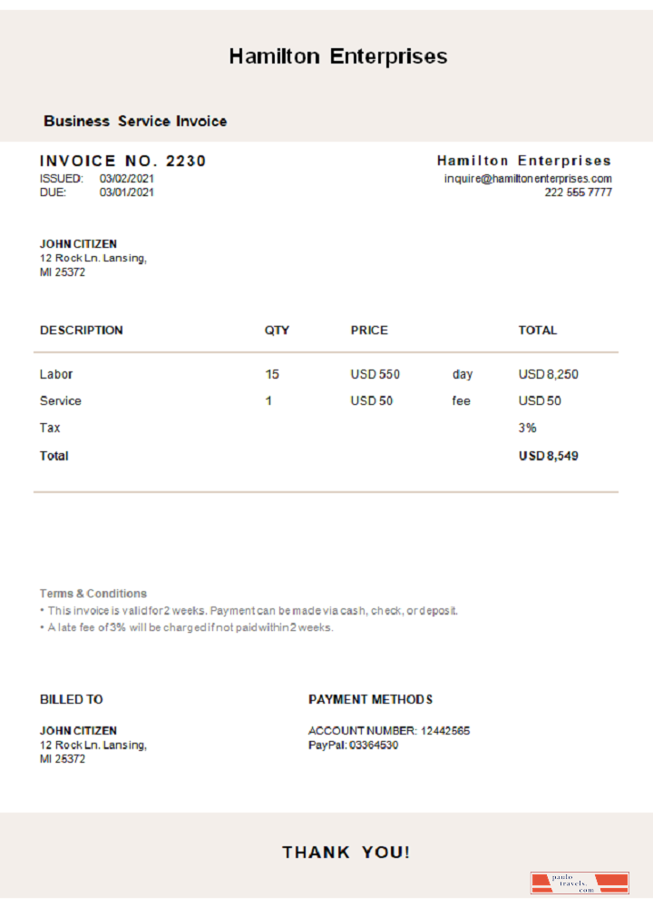 USA Hamilton Enterprises invoice PSD template